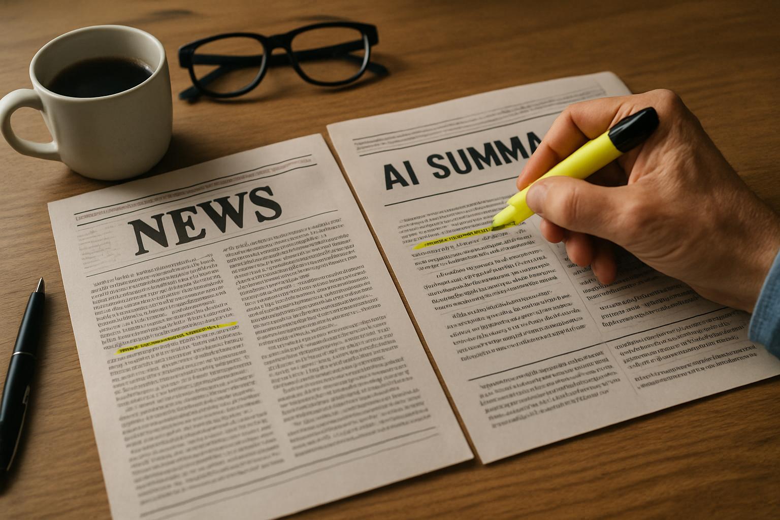 Traditional news compared to AI Summaries on a journalist’s desk.