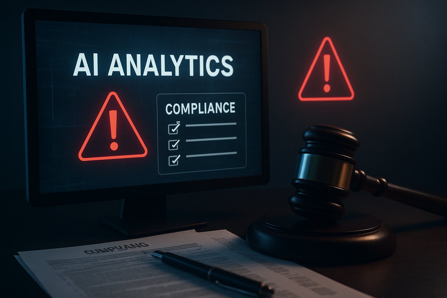 AI analytics dashboard with compliance alerts highlighting Compliance Risk for businesses.
