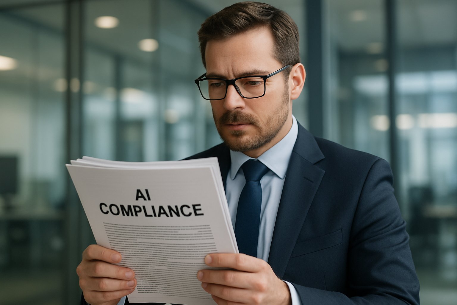 Professional reviewing Legislative Guardrails compliance documents in an office.