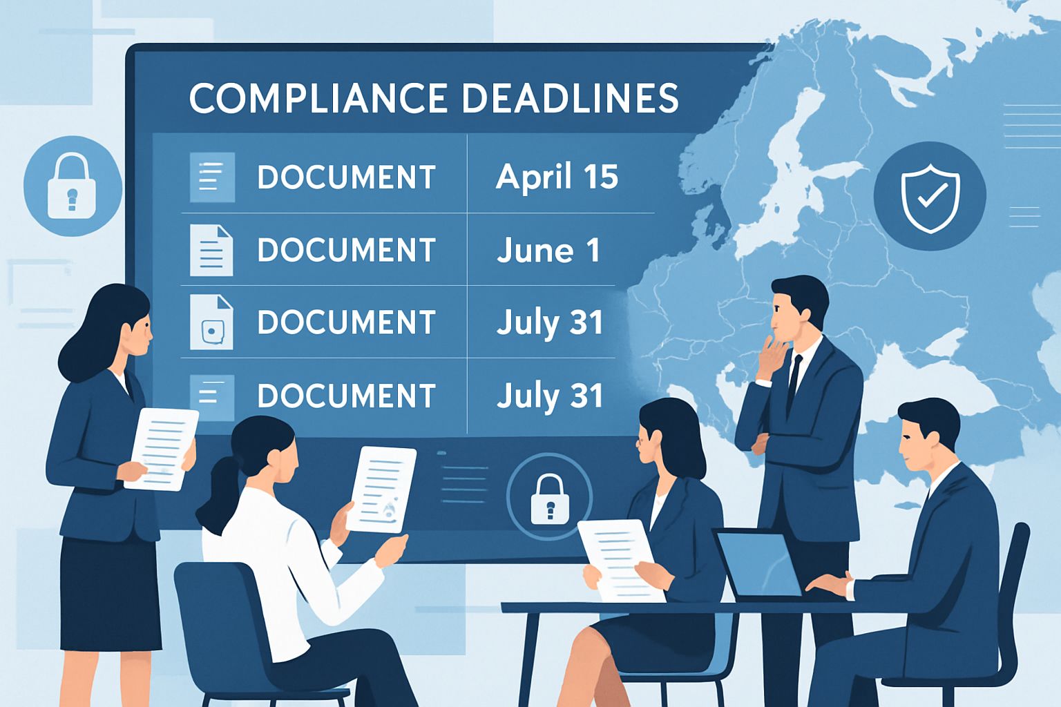 Compliance professionals reviewing Regulatory Compliance deadlines on digital screens