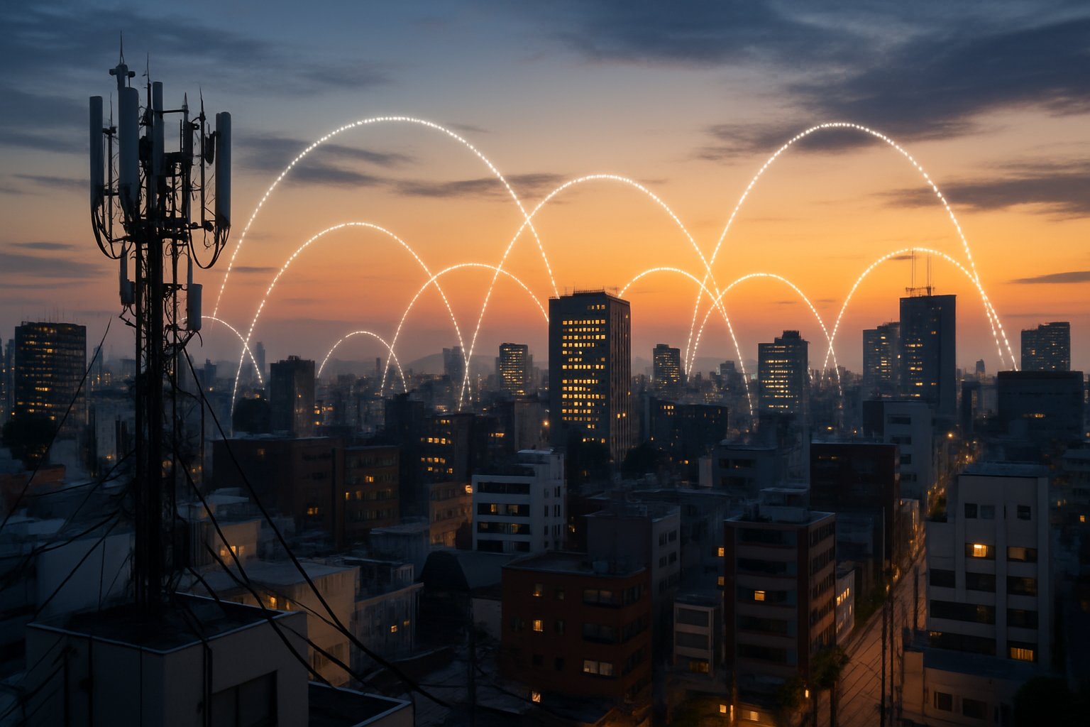 Modern city with Telecom Services infrastructure and digital connectivity overlay.