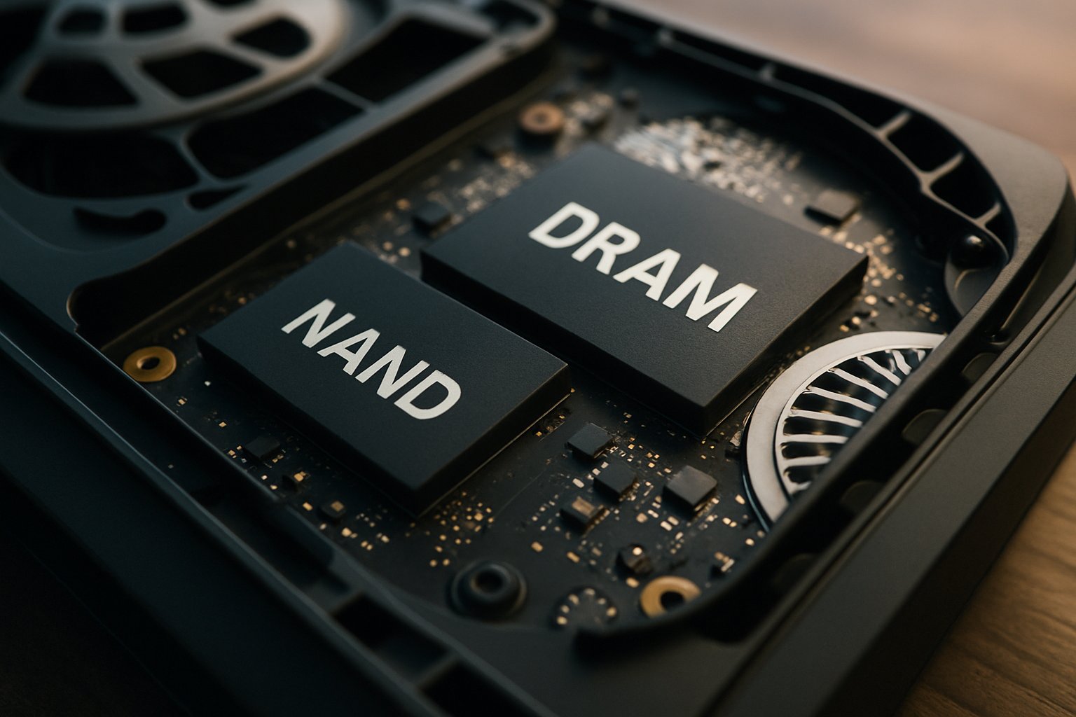 Gaming console opened to show DRAM and NAND chips for Memory Surges article.