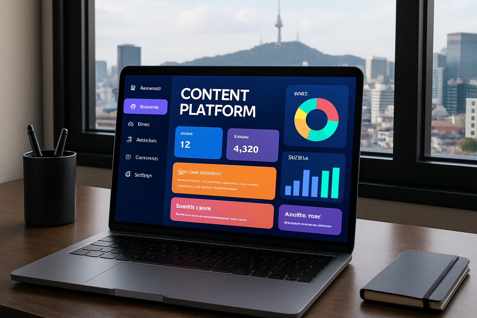 Laptop displaying a digital Content Platform with Seoul skyline in background.