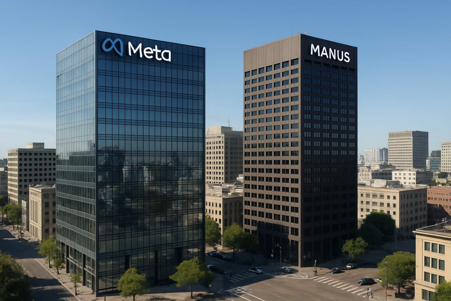 Meta and Manus headquarters showcased post Meta Manus acquisition in urban landscape.