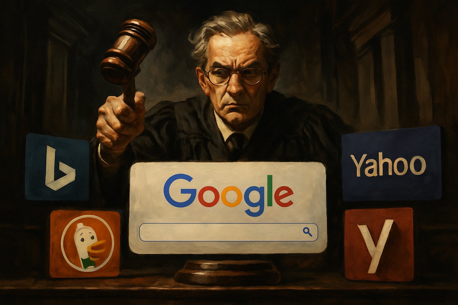 Courtroom with judge and Google search bar referencing Antitrust Ruling.