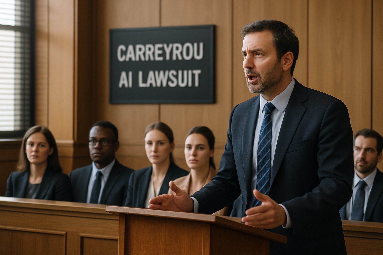 Courtroom scene for Carreyrou AI Lawsuit involving major AI firms