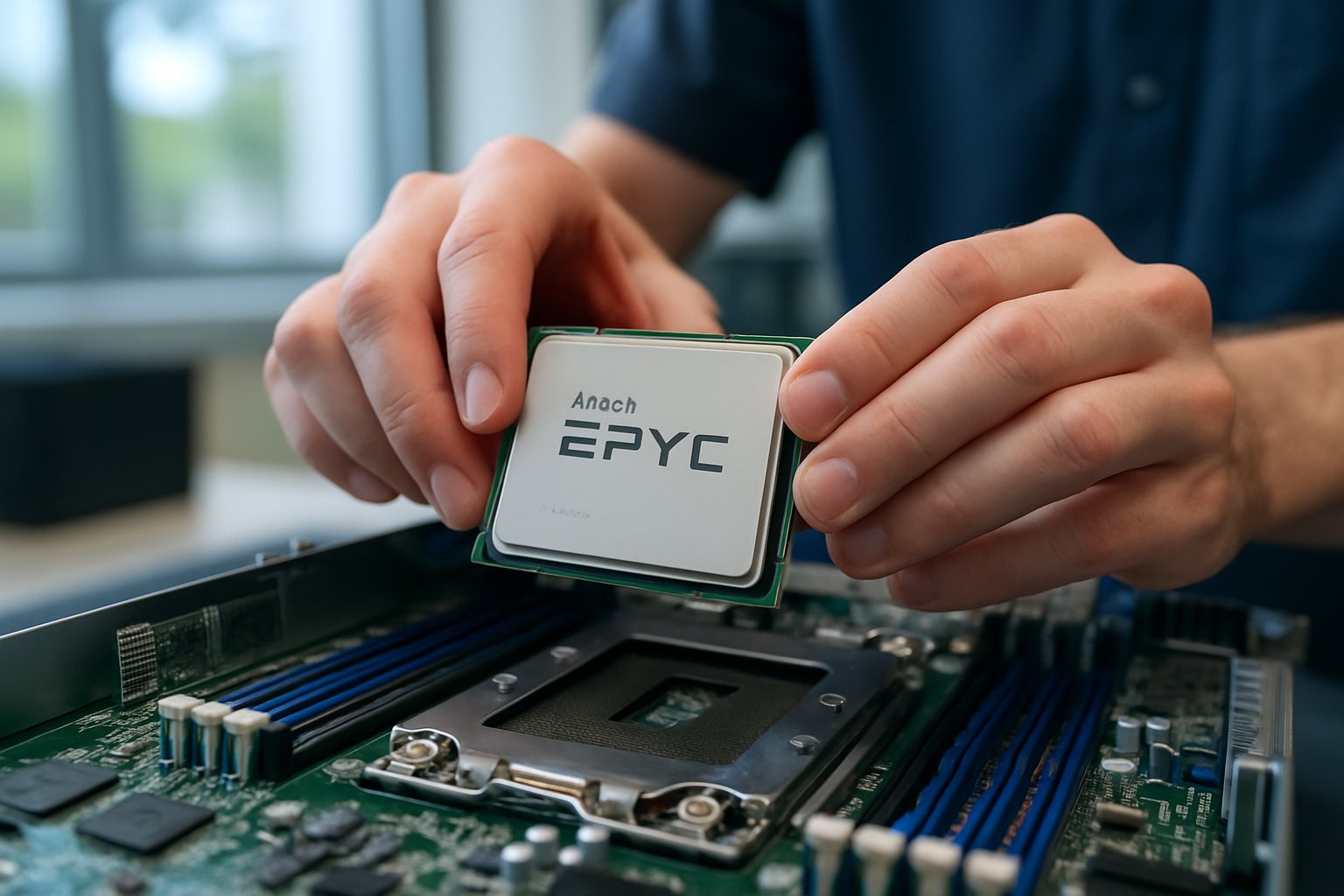 Technician installs AMD EPYC CPUs for efficient AI cloud processing.