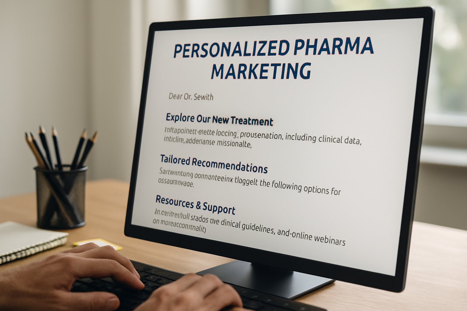 Hands crafting pharma campaigns with AI Writer Content on a computer.