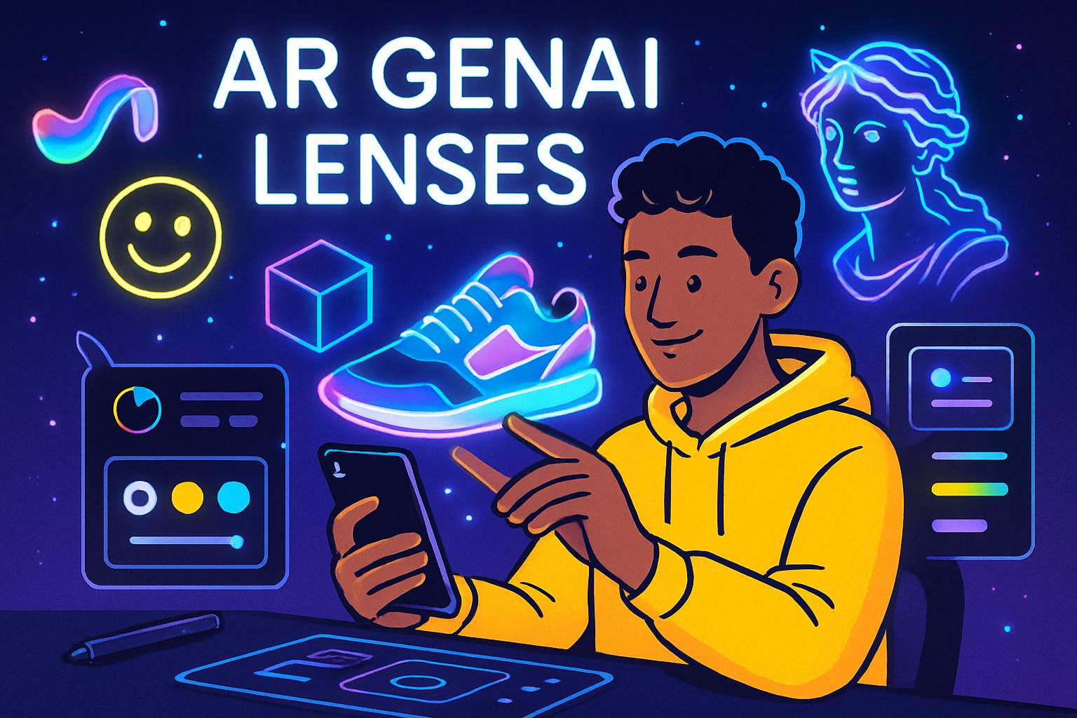 Creator crafts virtual content using AR GenAI Lenses tools.