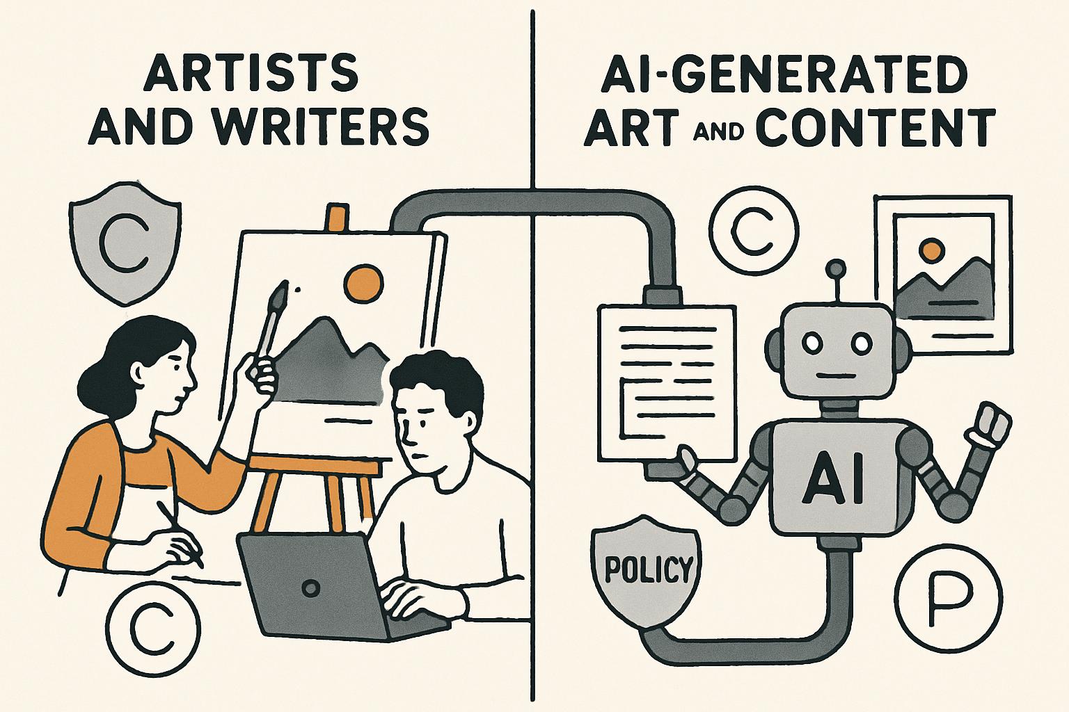 Split-screen of human creators and AI content in the evolving Creative Economy.