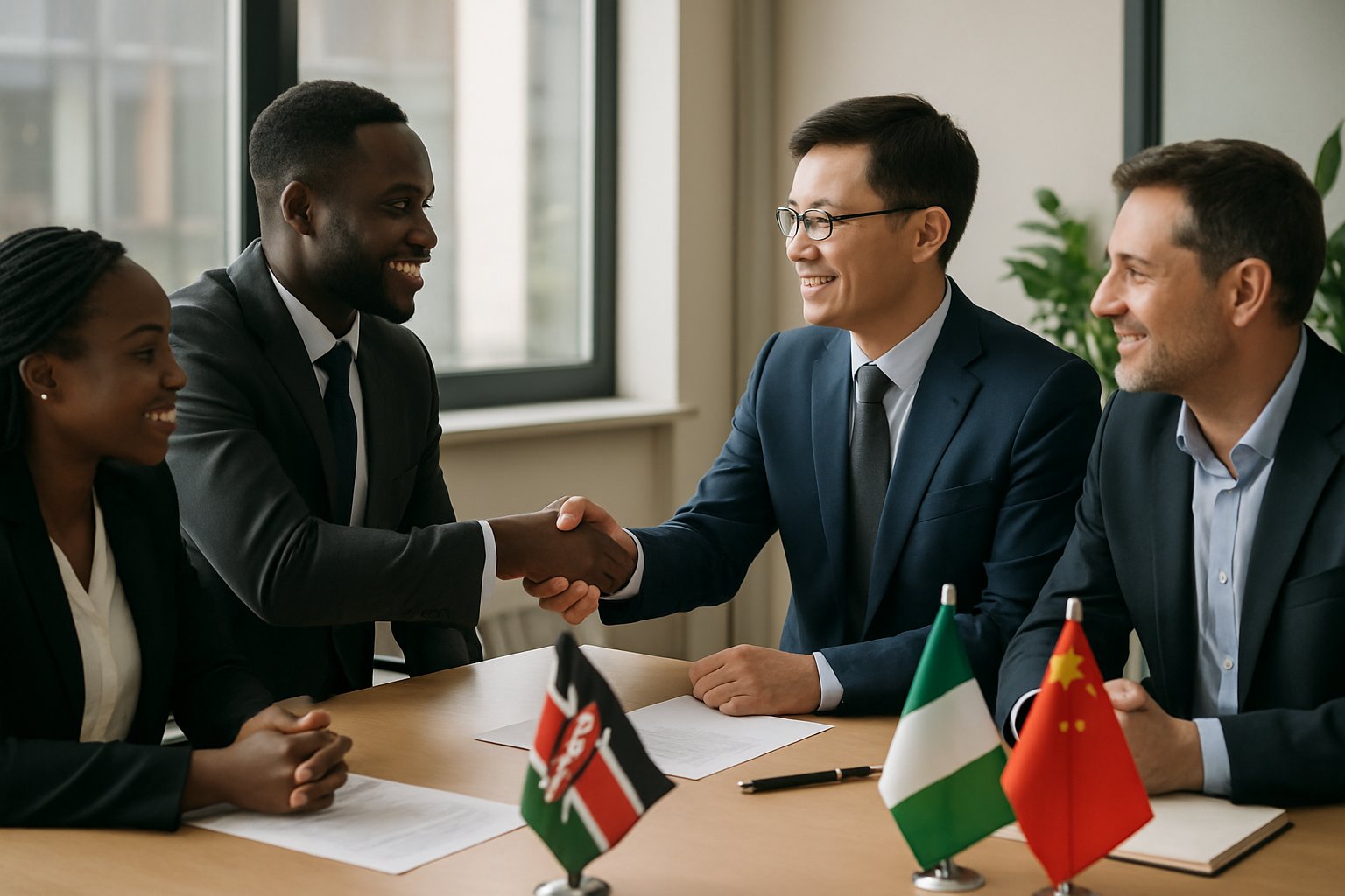 AI Geopolitics Africa visualized with African and international leaders partnering in a real business meeting.