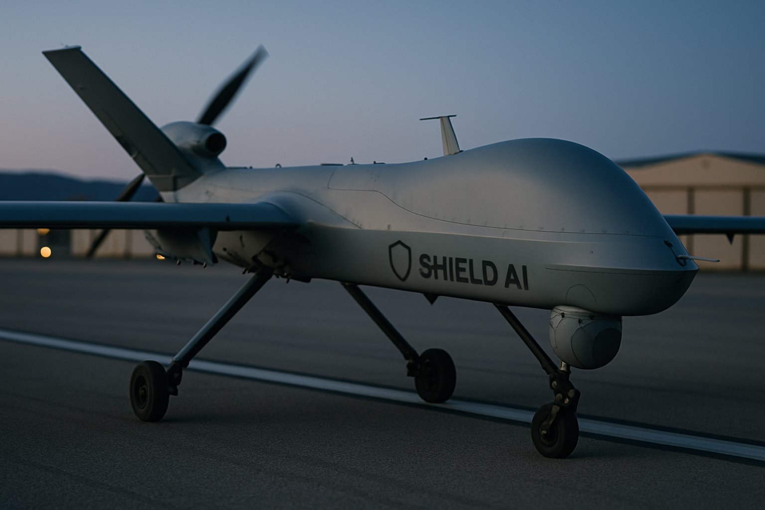 Shield AI military drone on airfield at dusk, highlighting technology.