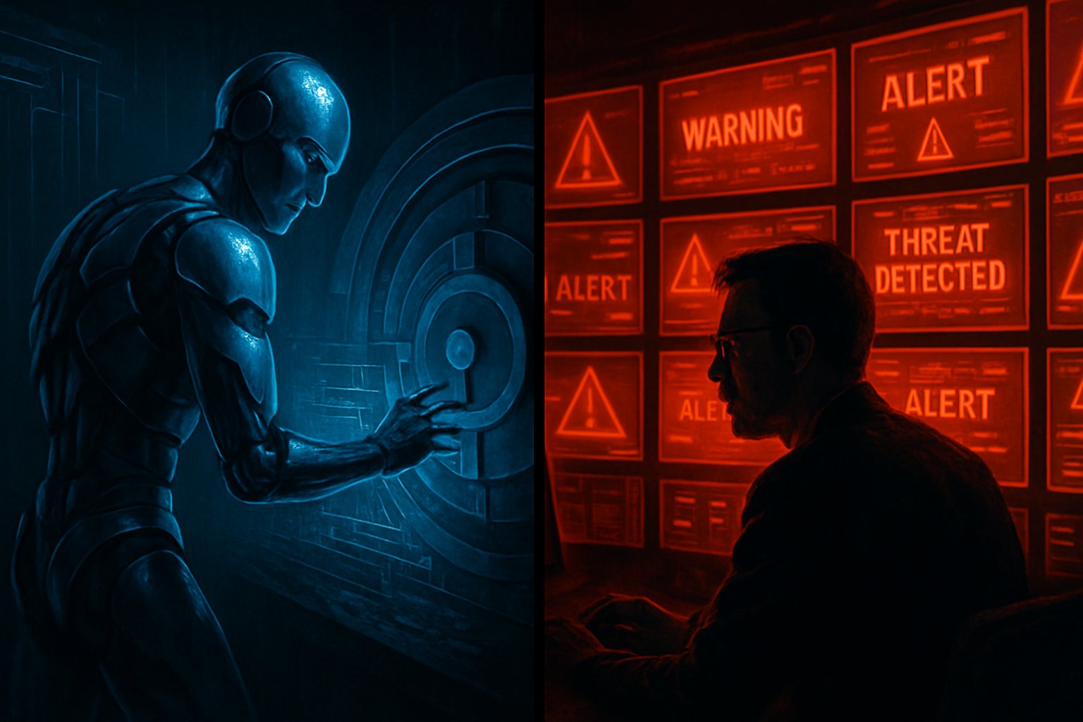 Cybersecurity Threats visualized with AI and analyst combating vulnerabilities.
