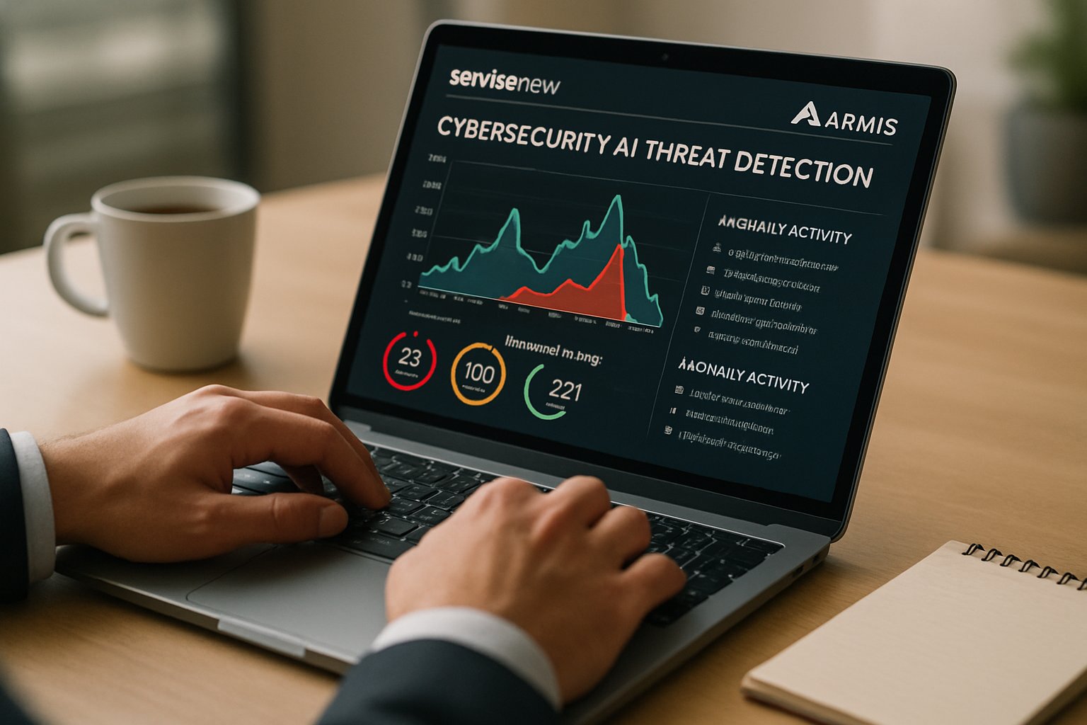 Cybersecurity AI threat detection graph on laptop during ServiceNow Armis analysis.