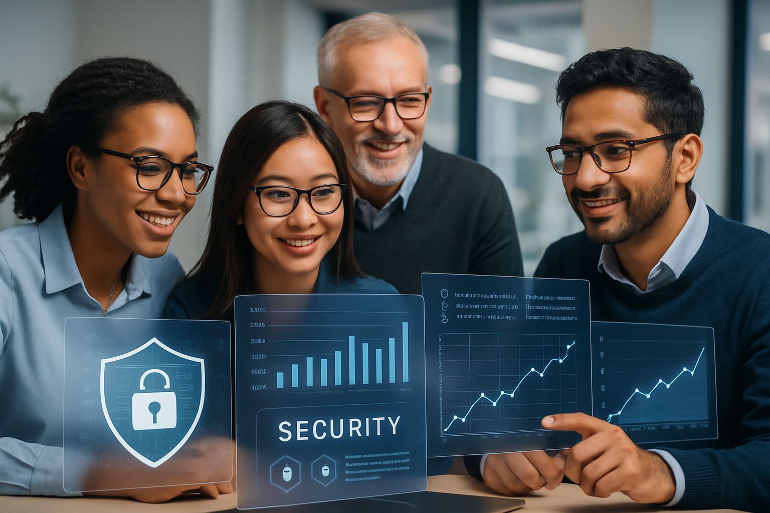 Cybersecurity professionals analyzing growth charts signifying Cybersecurity Growth.