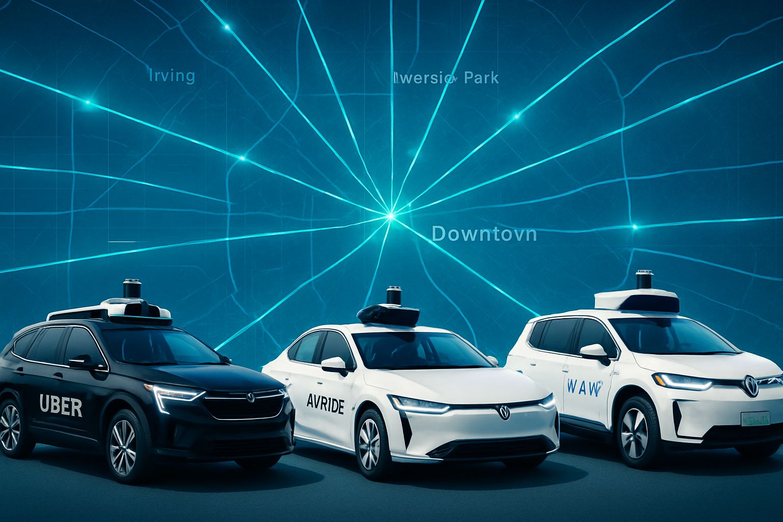 Uber-Avride robotaxis and Waymo vehicles symbolize Dallas Mobility Competition.