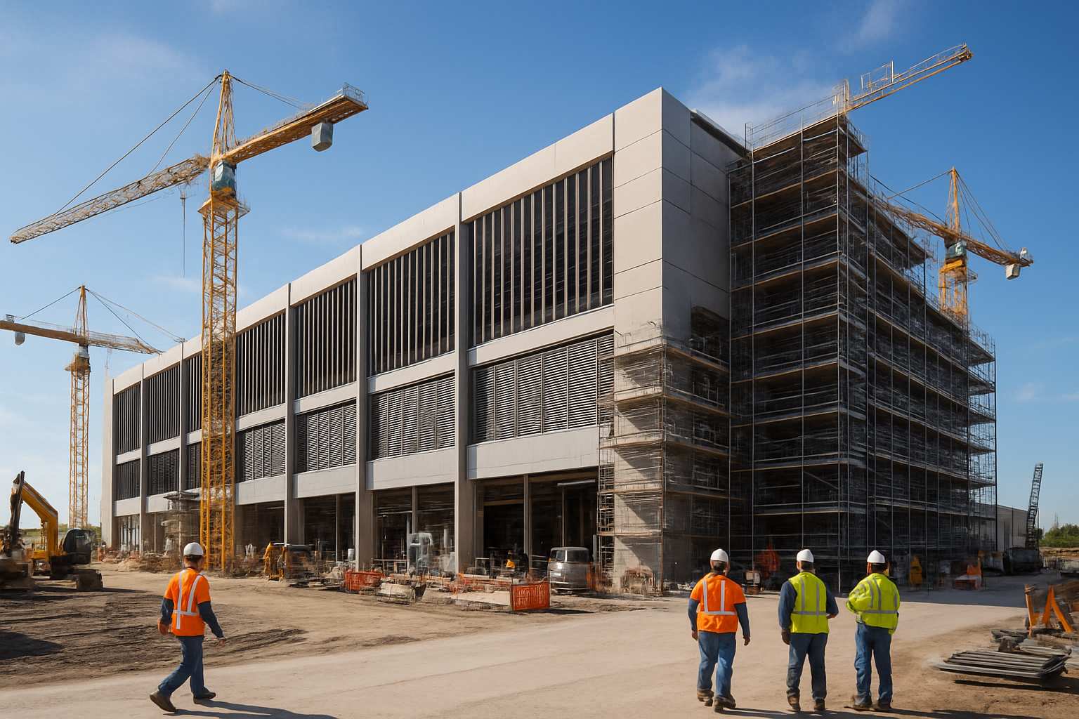 Capital Expenditure data center construction site with workers and cranes