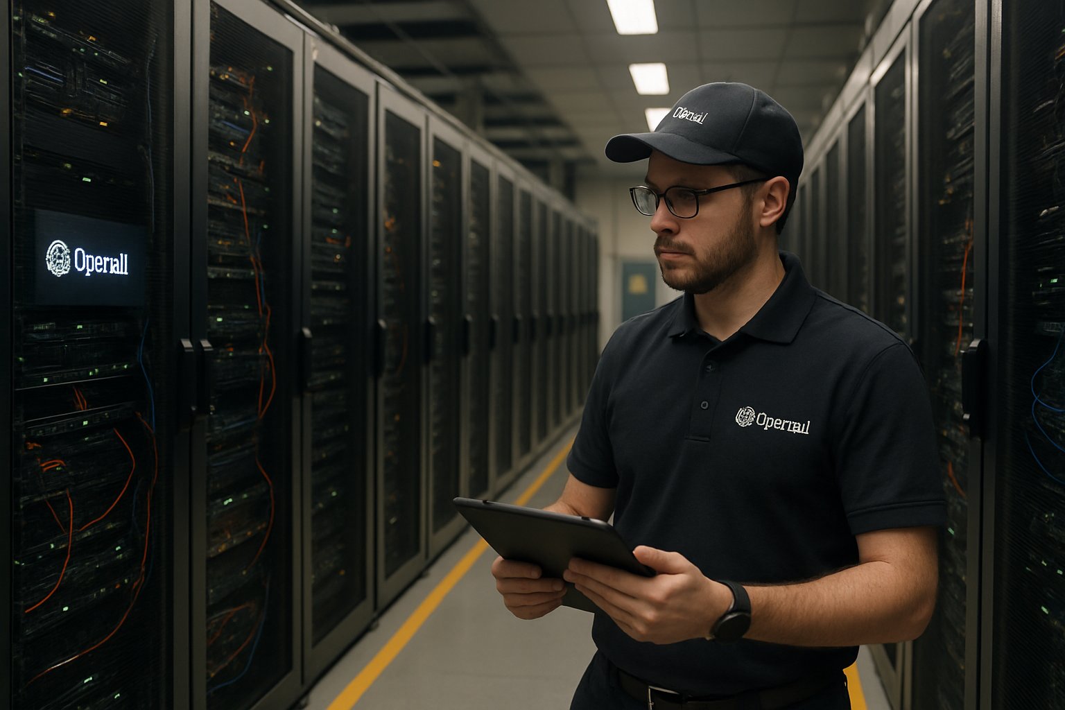 Modern data center highlighting OpenAI Financial Liability with server racks and technician.