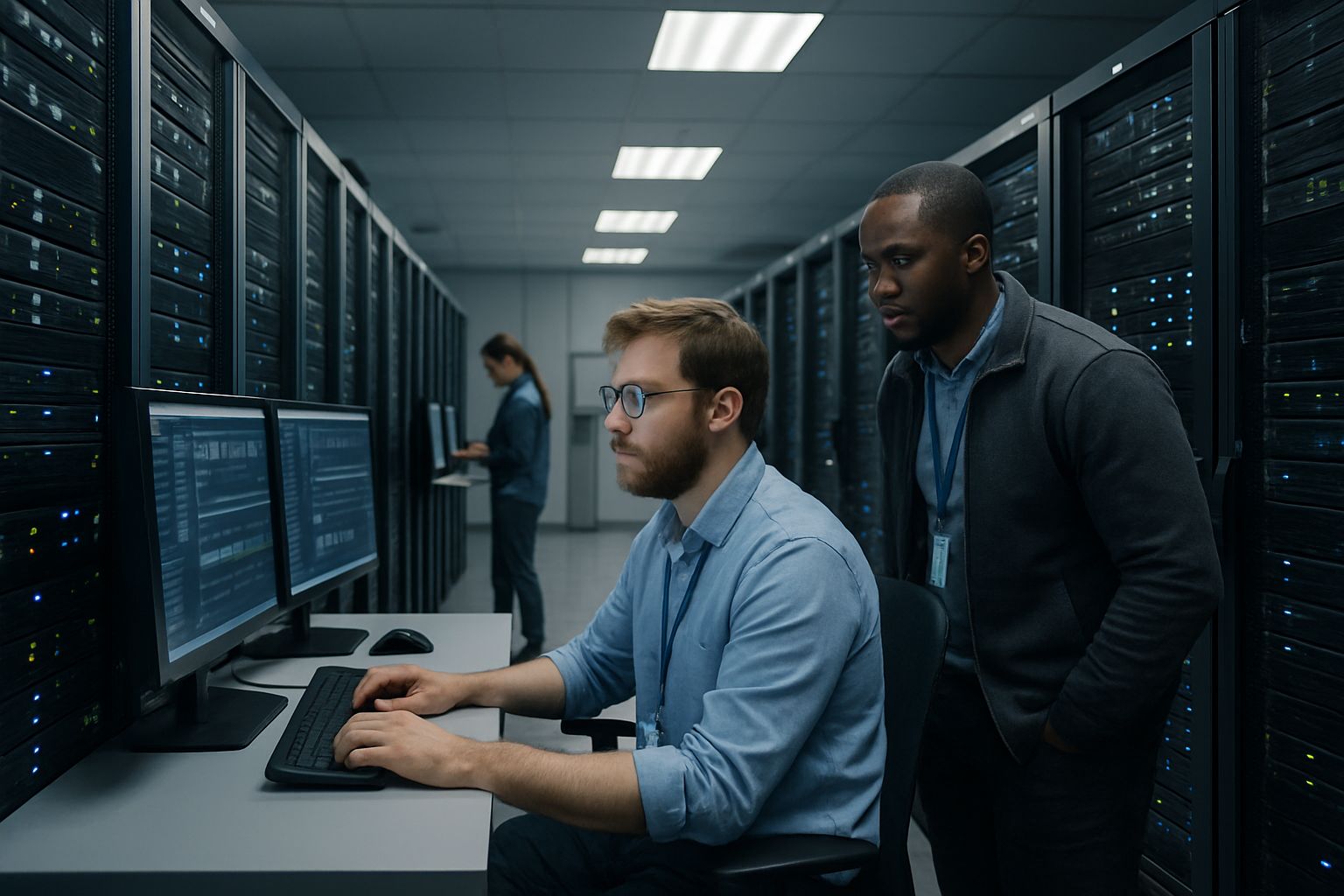 Global Reality of data centers with engineers managing infrastructure