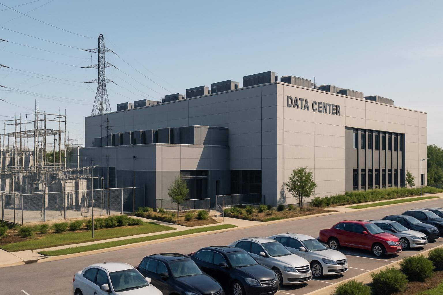 Exterior of a data center infrastructure facility with visible power grid connections.