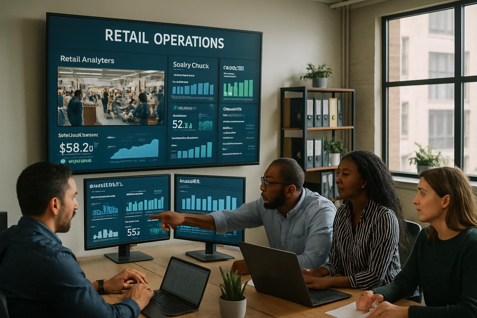 AI Retail Future control room team analyzes data and store analytics in real time.