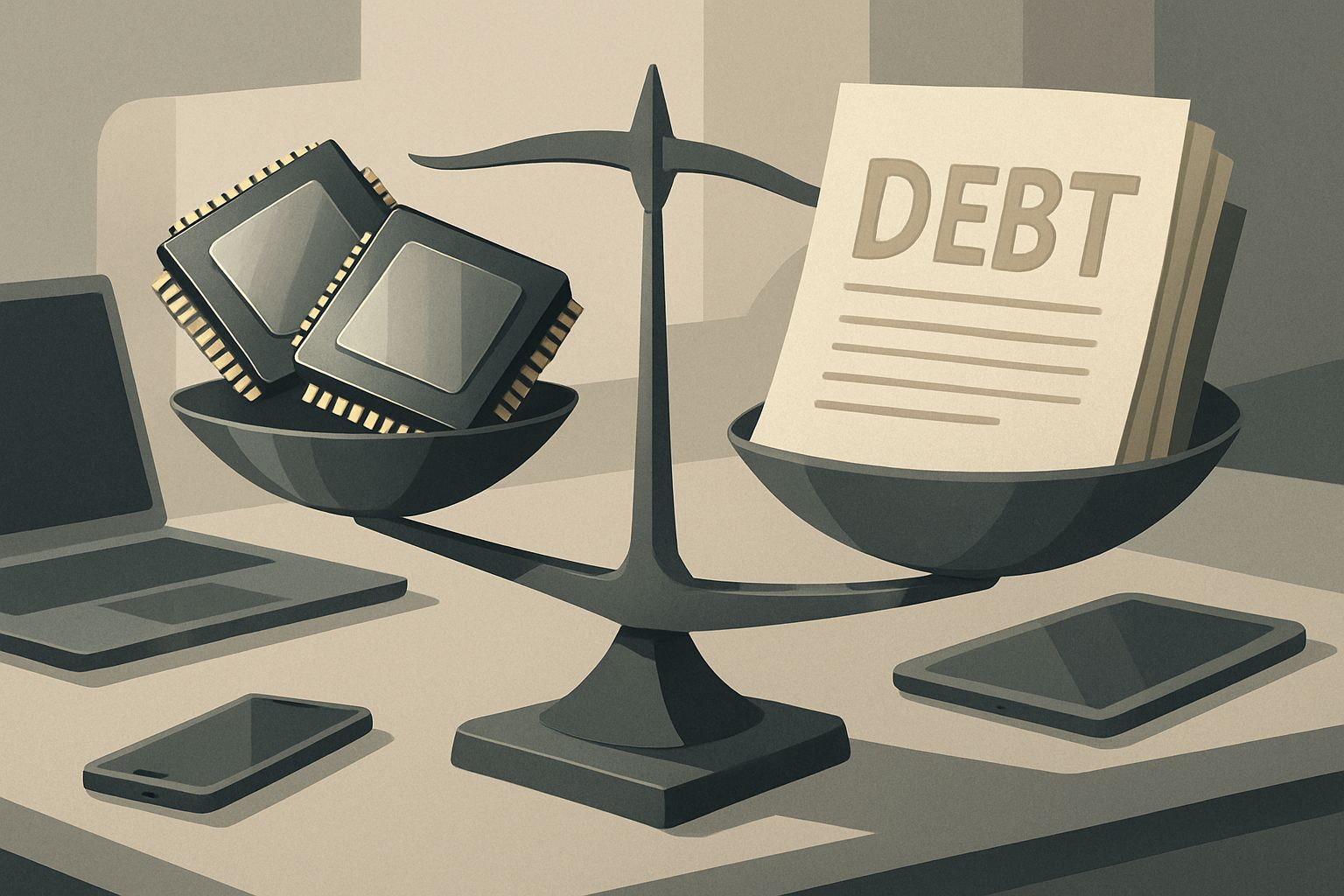 Financial Risk depicted by a balance scale with AI chips and debt documents.