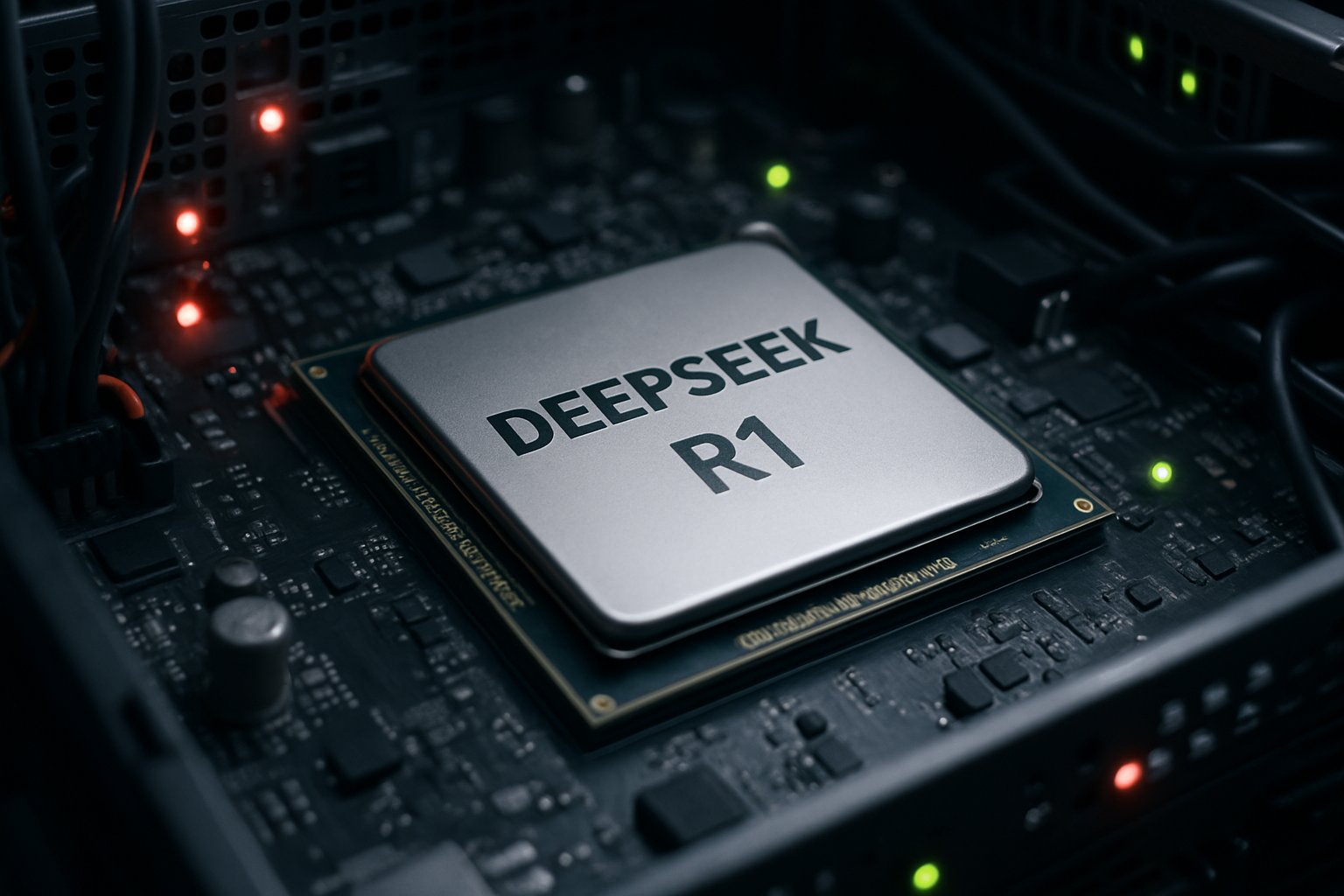 DeepSeek R1 Impact represented by an advanced server chip in a real data center.