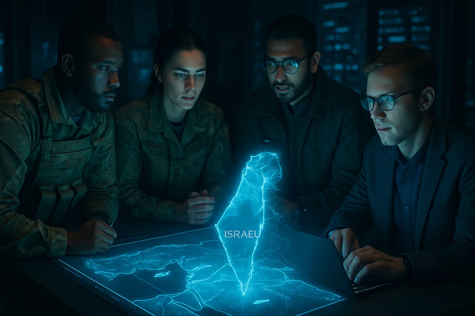 Israeli Defense/Military and technology experts collaborating with AI-driven regional maps.