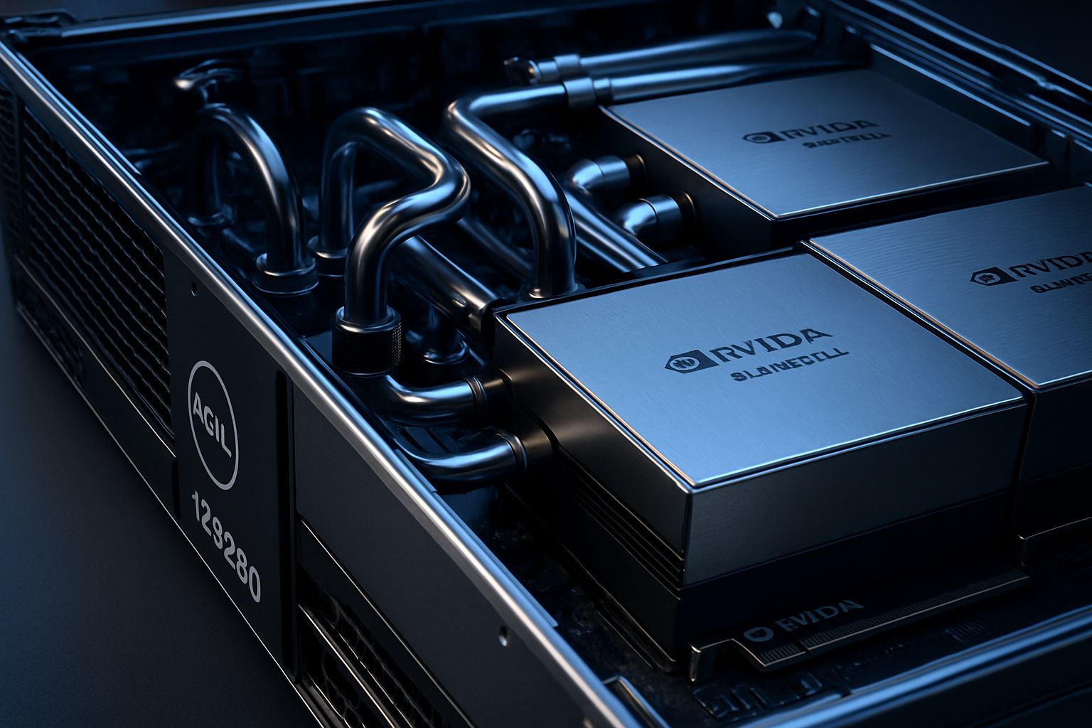 Dell XE9680 chassis displaying AI Server Hardware with advanced GPUs and liquid cooling.