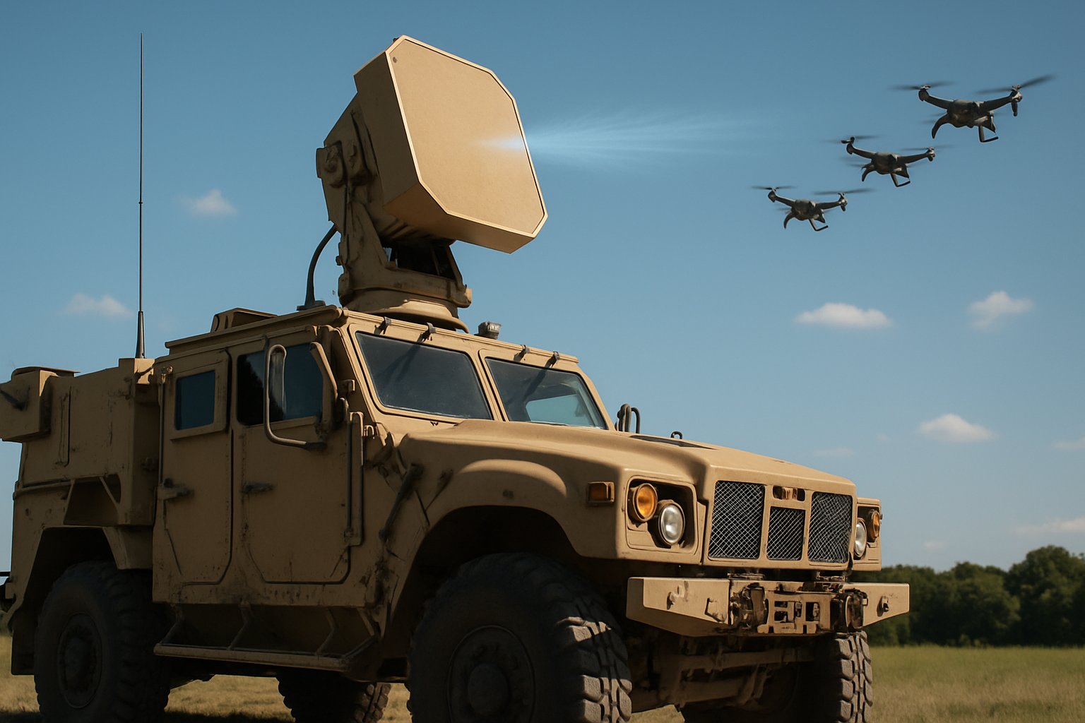 Military vehicle deploying microwave weapons against drones in Future War.