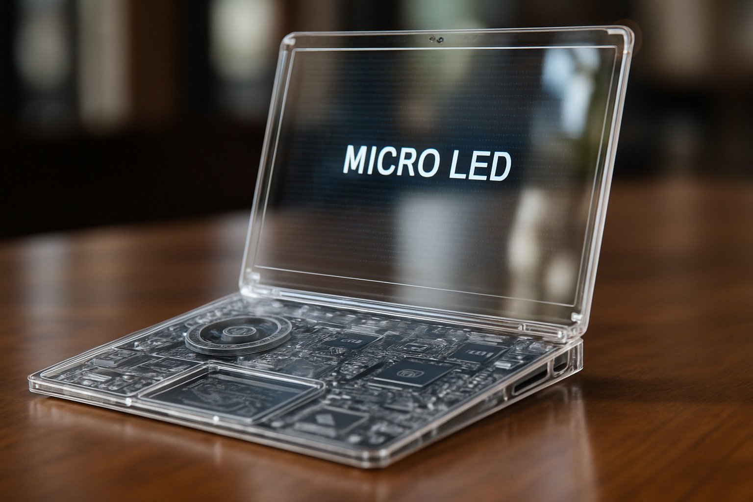 Close-up of transparent Concept Hardware laptop with visible components and micro-LED screen.