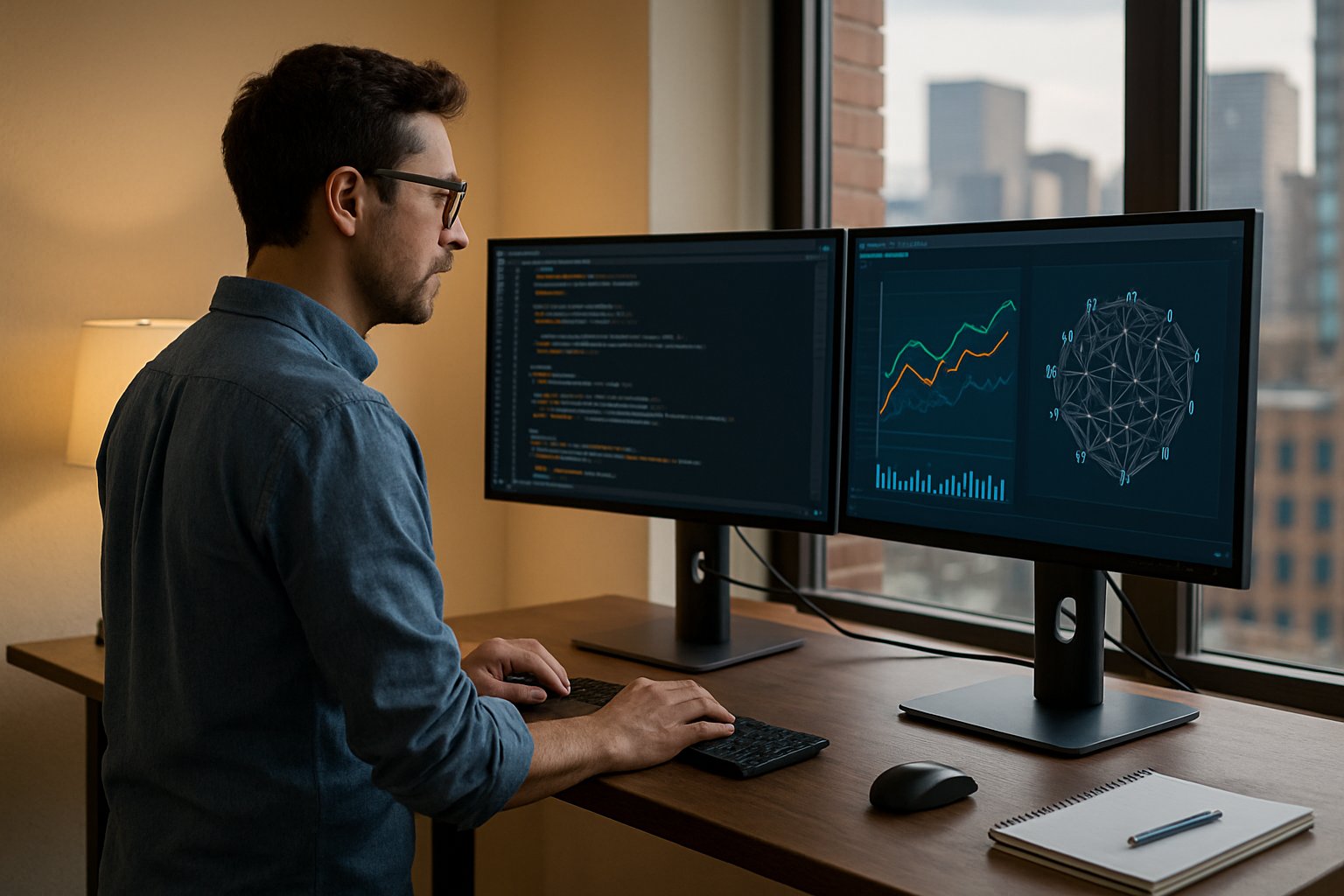 Software developer coding in office with AI job creation depicted on monitors.
