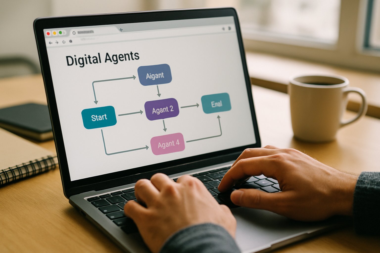 Developer exploring AI 2026 Trends with multi-agent diagrams on laptop screen.