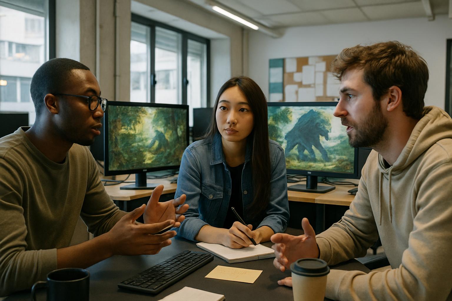 Game developers collaborating in studio creating new video games.