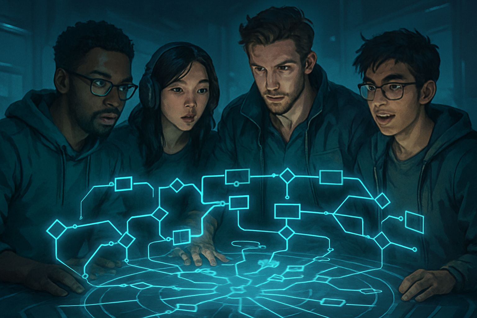 Developers using Gaming AI to visualize adaptive story branches for video games.