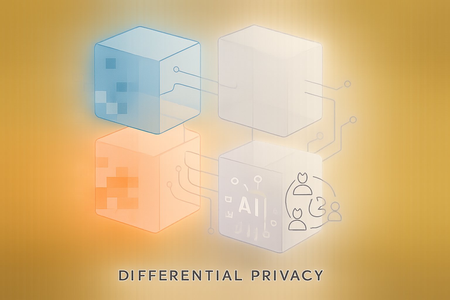Differential privacy visualized with AI and data blocks for Data Privacy AI.