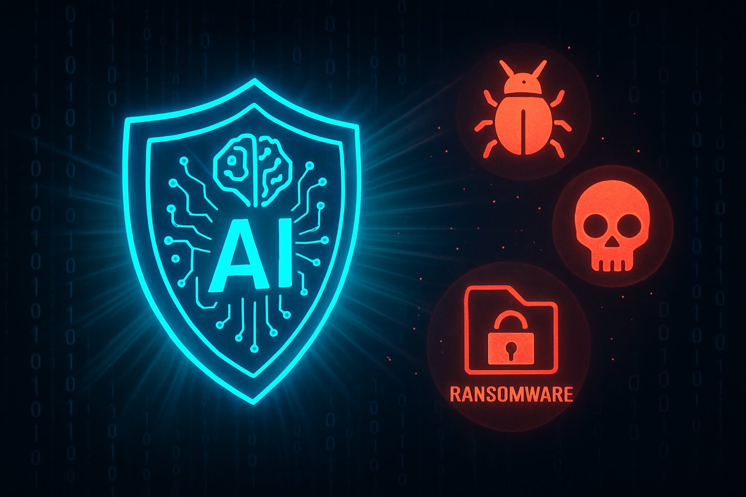 Cybersecurity AI digital shield blocking malware and exploits