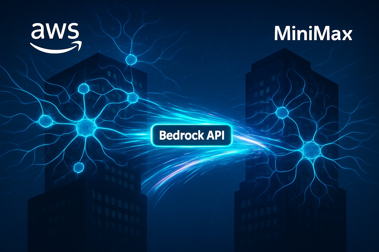 Generative AI Partnership visualized with AWS MiniMax data bridge over neural networks.