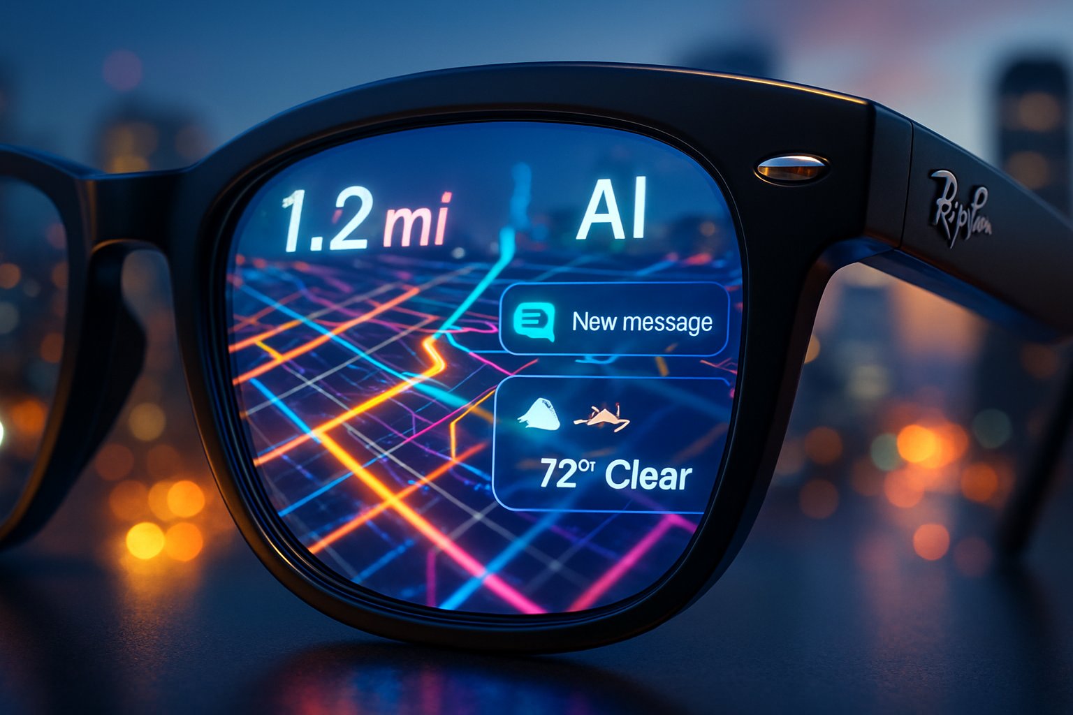 Close-up of Wearable AI Assistants in Ray-Ban glasses showing digital map and notifications.