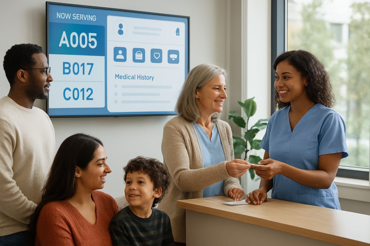 Healthcare AI agent enhancing patient access with digital queue in clinic lobby.