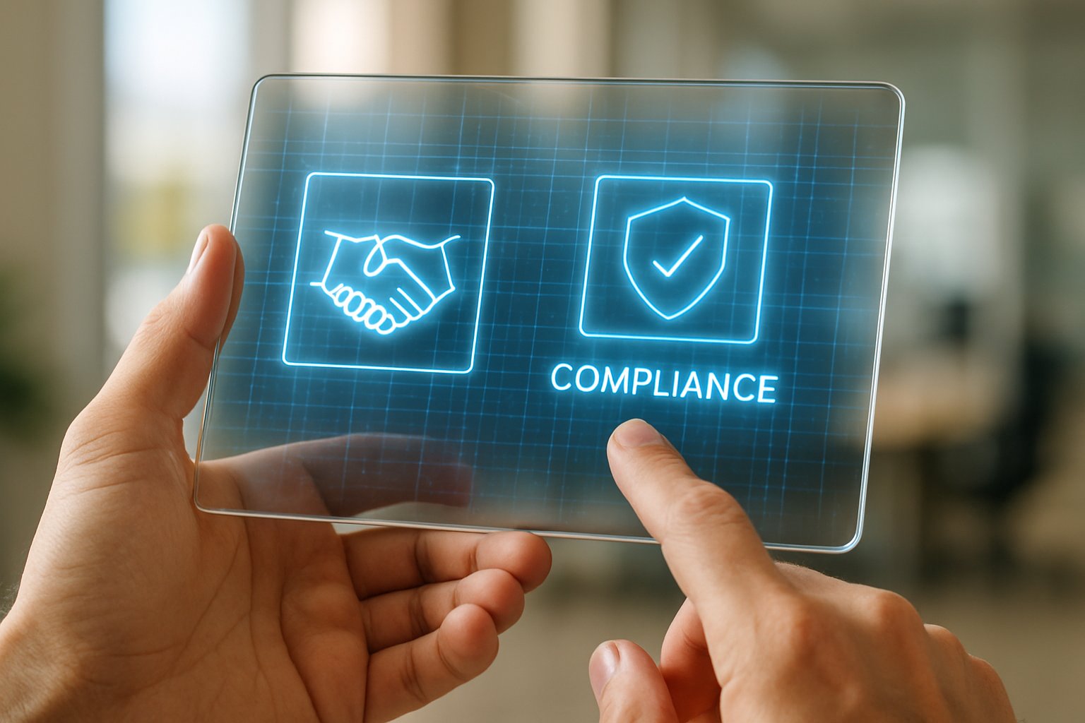 Hand holding digital tablet showing data economy trust grid.