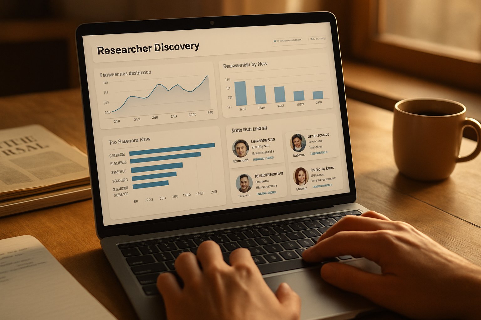 Researcher Discovery software dashboard on laptop screen with scientific data visible.