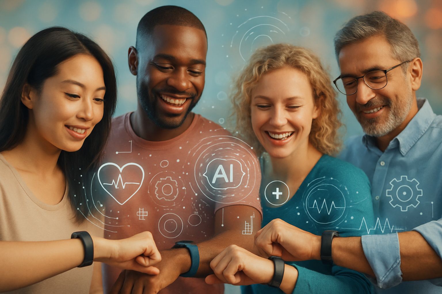 Health Data AI transforming insights from wearable devices worn by diverse users.