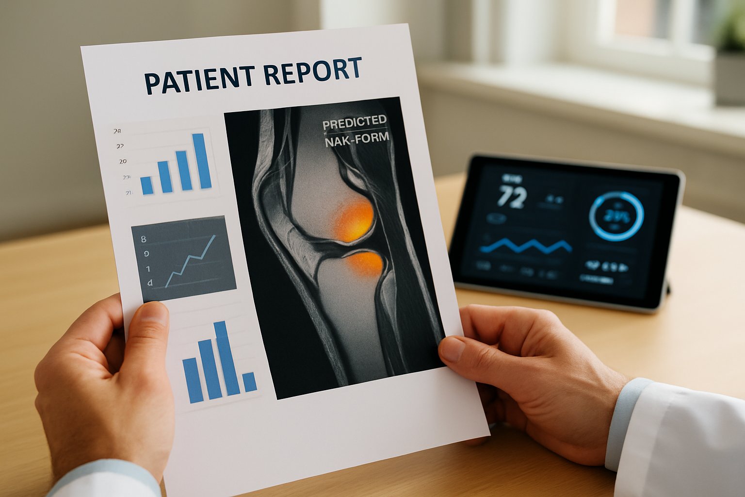 Doctor reviews Knee Forecast AI report predicting knee joint changes.