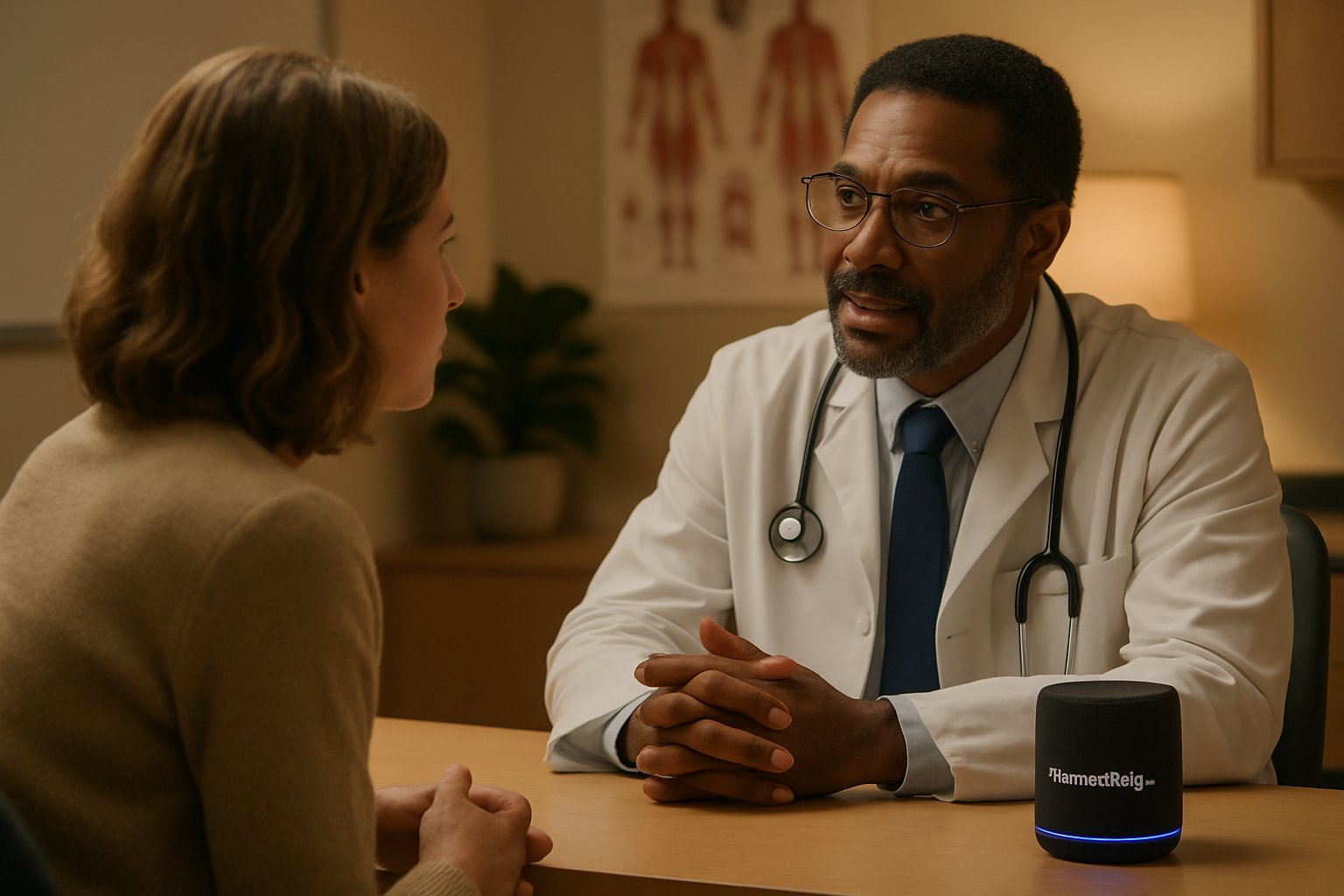 Specialized healthcare doctor using AI speech transcription during patient consultation