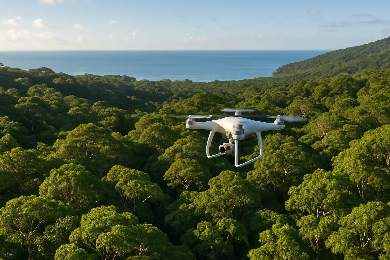 Aerial view of AI Sustainability Project drone over Daintree Rainforest canopy.