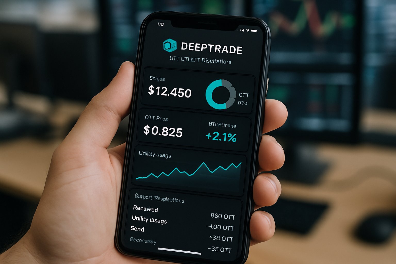 Deeptrade DTT utility dashboard displayed on a smartphone at a trading desk.
