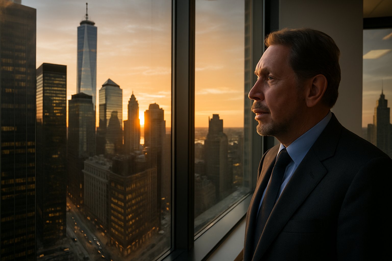 Larry Ellison status shown overseeing finance from office in city skyline.