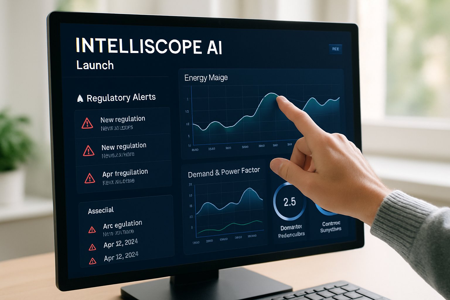 IntelliScope AI Launch energy analytics interface on office computer screen.