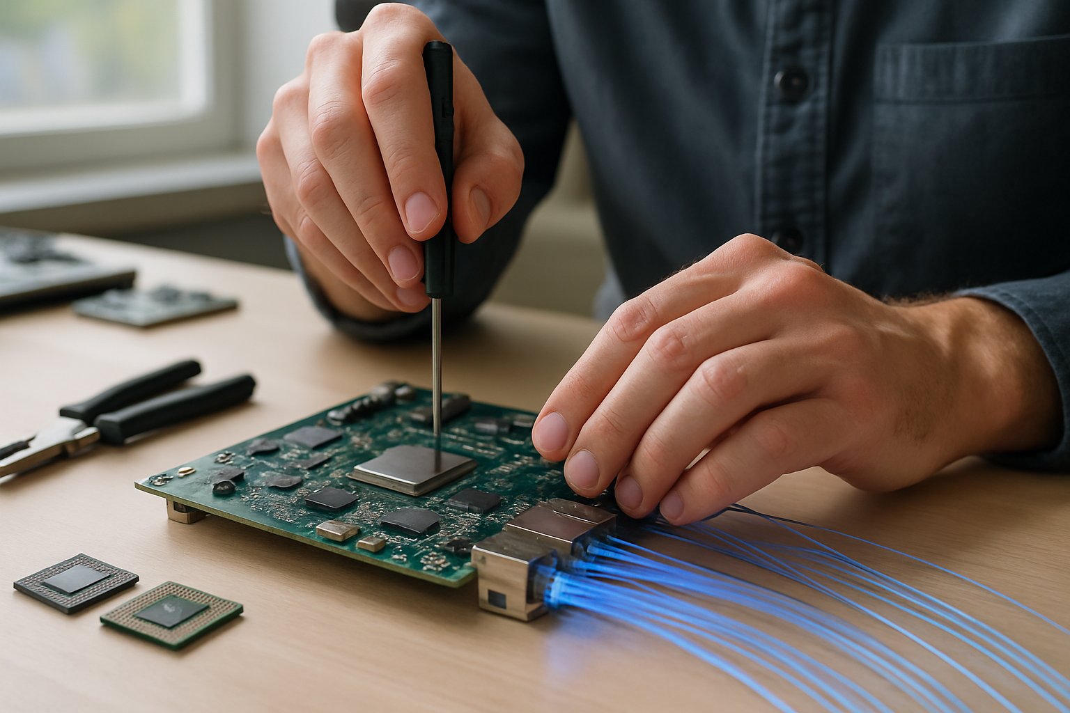 Engineer assembling Hardware Processing Engine with fiber optics and microchips